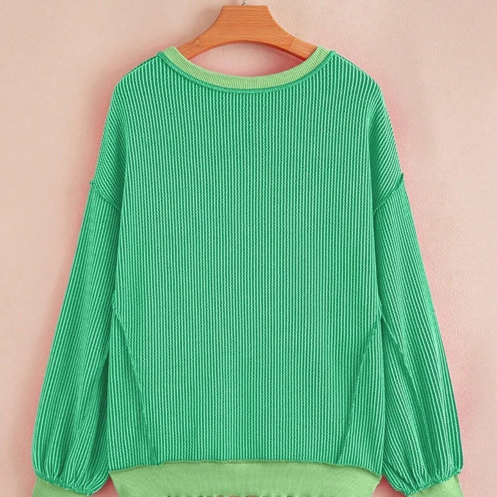 Green Casual Women's Textured Striped Cuffed Long Sleeve Loose Crew Neck T-Shirt